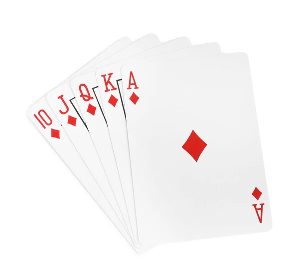 Hrací Karty Královskou Flush Kombinaci Bílém Pozadí Horní Pohled — Stock fotografie