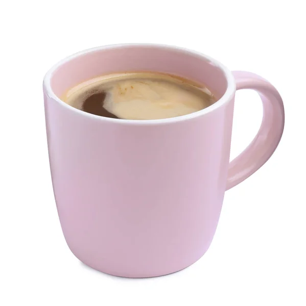 Fresh Aromatic Coffee Pink Mug Isolated White — Photo