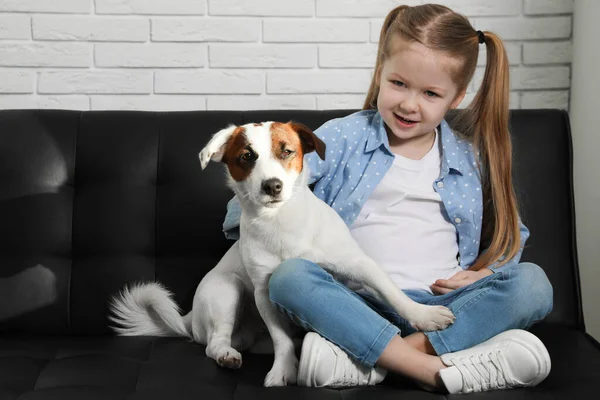 Cute Little Girl Her Dog Sofa Indoors Childhood Pet — Photo