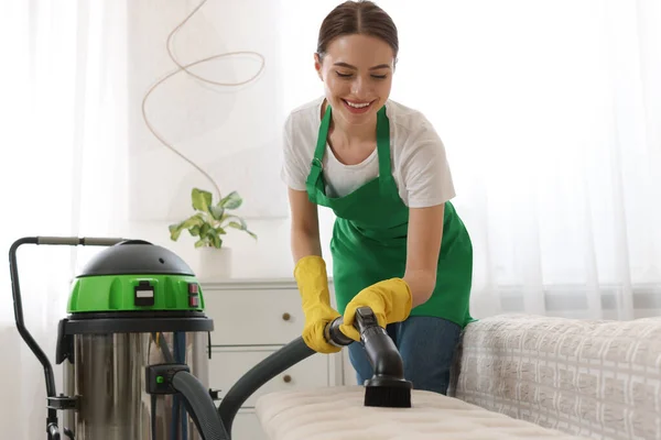 Professional Janitor Uniform Vacuuming Furniture Indoors — Stock Photo, Image