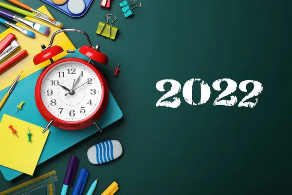 Back School 2022 Flat Lay Composition Alarm Clock Different Stationery — Zdjęcie stockowe