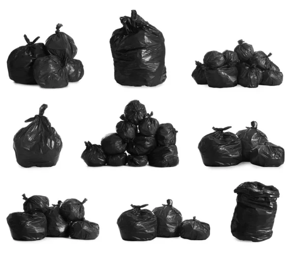 Beyaz Arka Planda Çöp Dolu Siyah Çöp Torbalarıyla Ayarlayın — Stok fotoğraf
