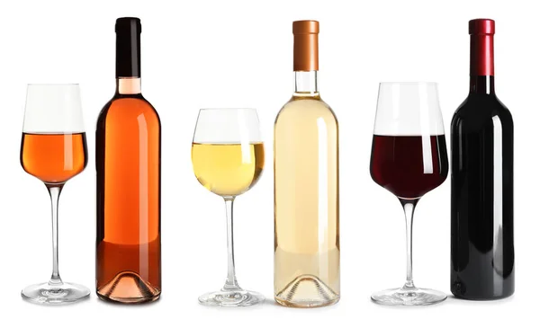 Set Bottles Glasses Different Delicious Expensive Wines White Background — Stock Fotó