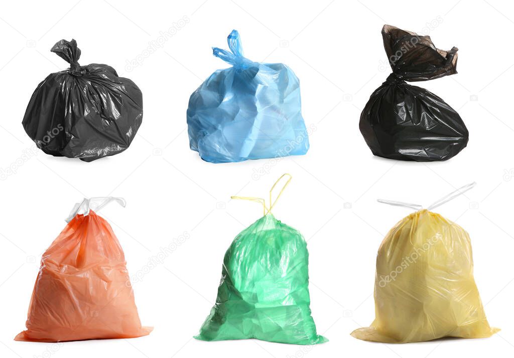 Set with different trash bags full of garbage on white background