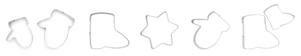 Set Cookie Cutters Different Shapes White Background Top View Banner — стоковое фото