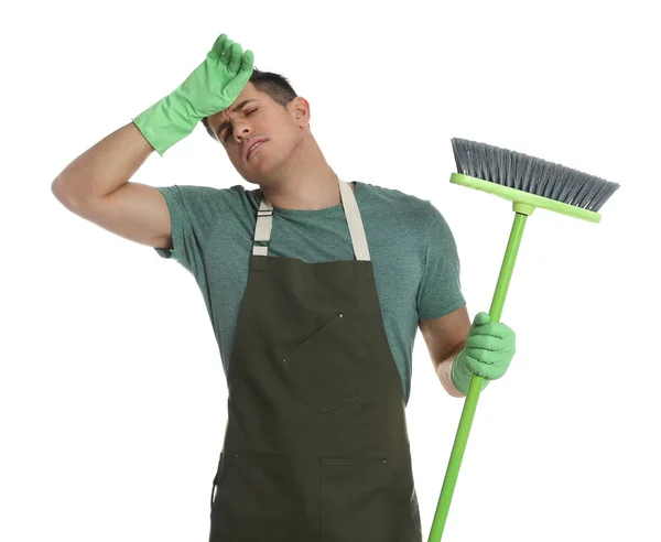 Tired Man Green Broom White Background — Foto de Stock