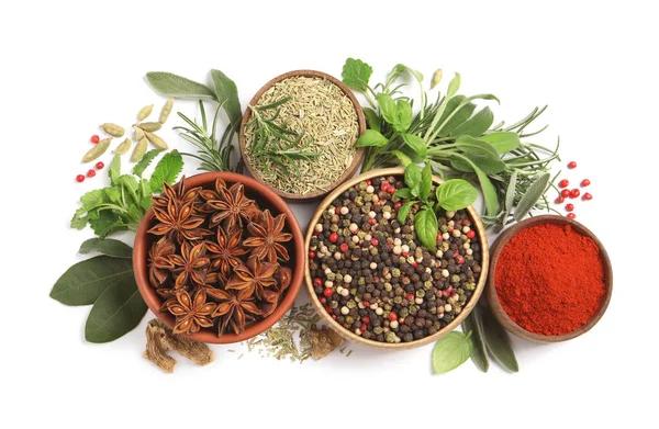 Different Fresh Herbs Aromatic Spices White Background Top View — Foto de Stock