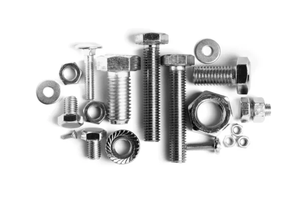 Different Metal Bolts Nuts White Background Top View — Stock Photo, Image