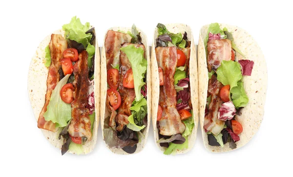 Delicious Tacos Fried Bacon Tomatoes White Background Top View — Fotografia de Stock