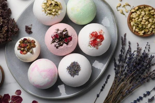 Flat Lay Composition Bath Bombs Ingredients Light Table — 스톡 사진