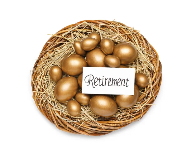 Golden Eggs Card Word Retirement White Background Top View Pension — Fotografia de Stock