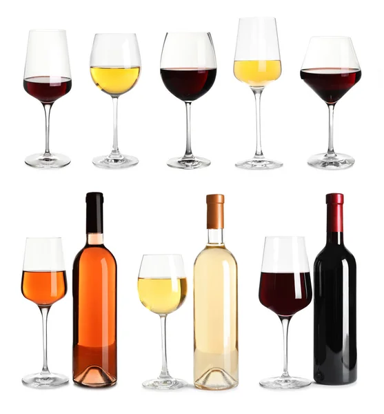 Set Bottles Glasses Different Delicious Expensive Wines White Background — Stock Fotó