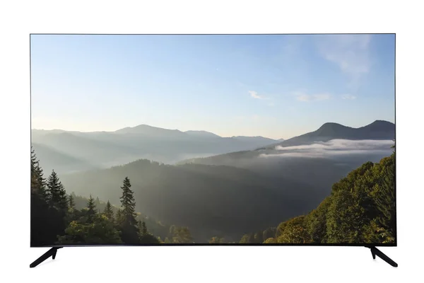 白に隔離された美しい山の風景を示す現代的なワイドスクリーンテレビモニター — ストック写真