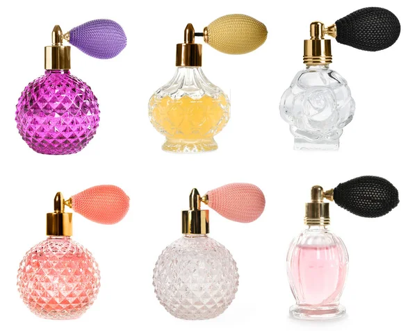 Set Different Bottles Luxury Perfume White Background — Fotografia de Stock