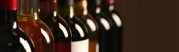 Bottles Different Wines Closeup Banner Design — Stock Photo, Image