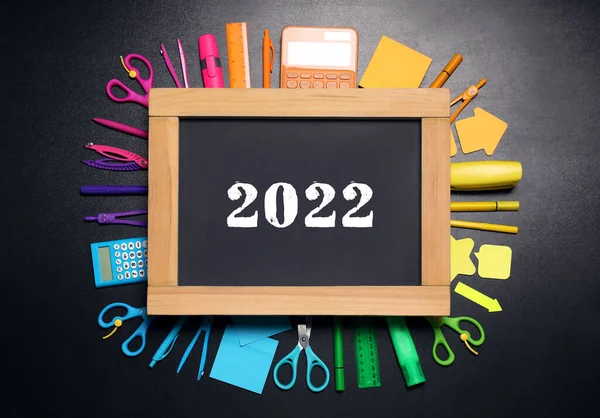 Back School 2022 Flat Lay Composition School Stationery Chalkboard Black — Zdjęcie stockowe