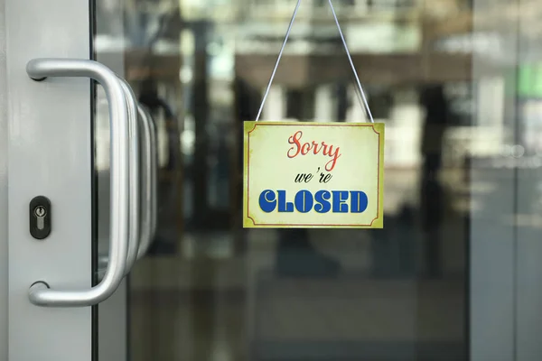 Yellow Sign Text Sorry Closed Hanging Glass Door Coronavirus Quarantine — Stock Photo, Image