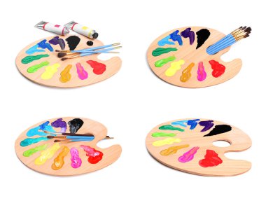 Beyaz arka planda boya ve fırçalı paletler, kolaj