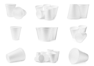 Set with styrofoam cups on white background
