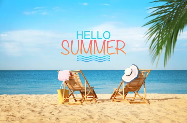 Hello Summer Empty Wooden Sunbeds Beach Accessories Sandy Shore — Stock Photo, Image