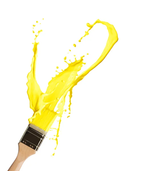 Brush Splashing Yellow Paint White Background — 스톡 사진