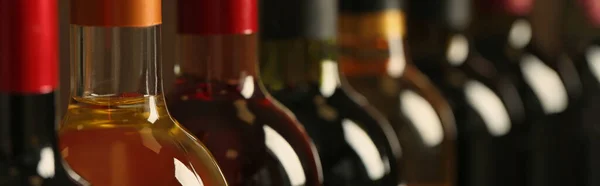 Bottles Different Wines Closeup Banner Design — Fotografia de Stock