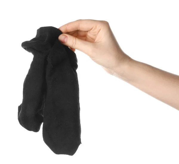 Woman Holding Dirty Socks White Background Closeup — Photo