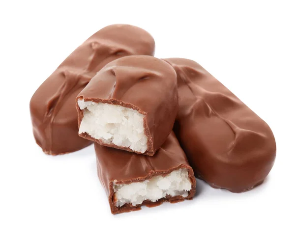 Delicious Milk Chocolate Candy Bars Coconut Filling White Background —  Fotos de Stock