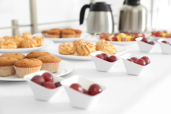 Table Different Delicious Snacks Indoors Coffee Break — Stock Photo, Image