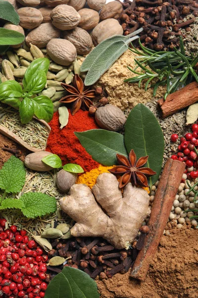 Different Fresh Herbs Aromatic Spices Background Top View — Fotografia de Stock