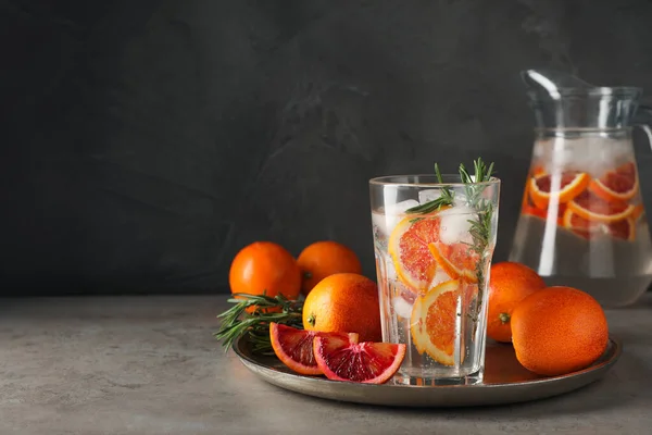 Delicious Refreshing Drink Sicilian Orange Rosemary Fresh Ingredients Grey Table — стоковое фото