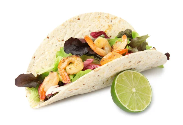 Delicious Taco Shrimps Lime White Background —  Fotos de Stock