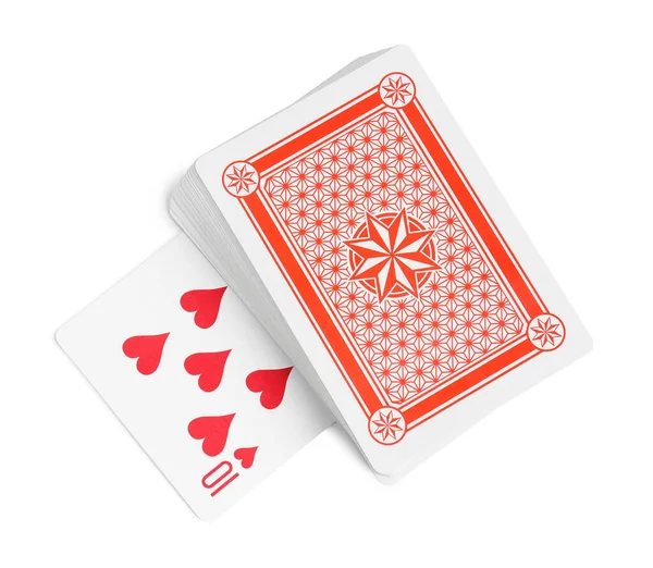 Παίζοντας Χαρτιά Και Δέκα Κούπα Λευκό Φόντο Πάνω Όψη — Φωτογραφία Αρχείου