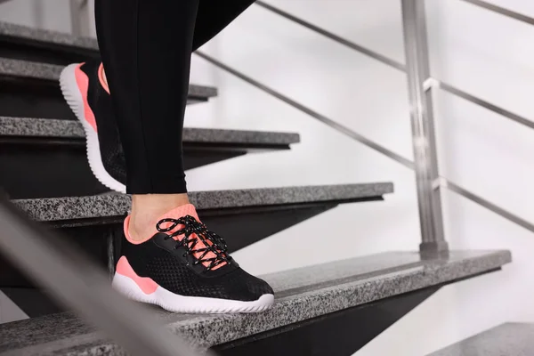 Overweight Woman Running Downstairs Indoors Closeup Space Text — Foto Stock