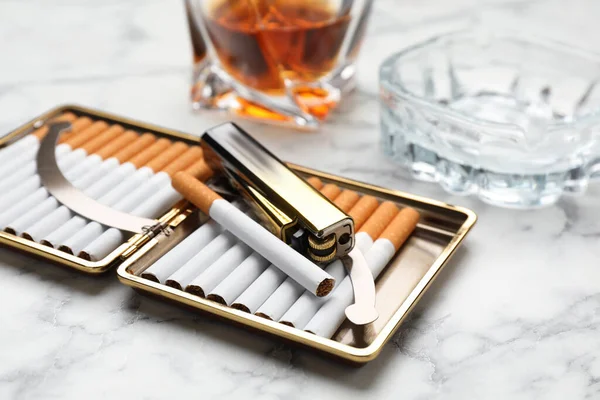 Open Case Tobacco Filter Cigarettes Lighter Ashtray Alcohol Drink White — Stok fotoğraf
