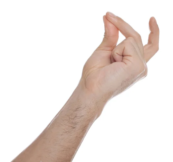 Mann Knipst Finger Auf Weißem Hintergrund Nahaufnahme Der Hand — Stockfoto