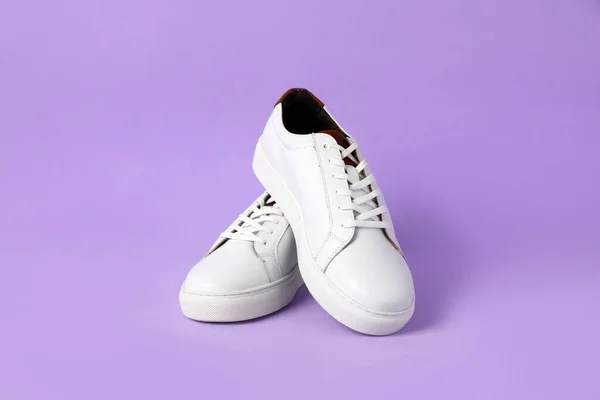 Pair Stylish White Sneakers Violet Background — 스톡 사진