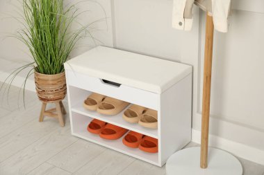 Farklı çift lastik terlikleri olan şık bir depolama tezgahı ve koridordaki beyaz duvarın yanında güzel bir bitki örtüsü.