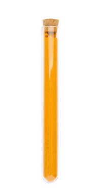 Glass tube with turmeric on white background, top view