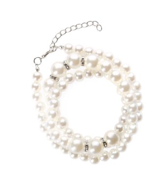 Elegant pearl necklace isolated on white, top view