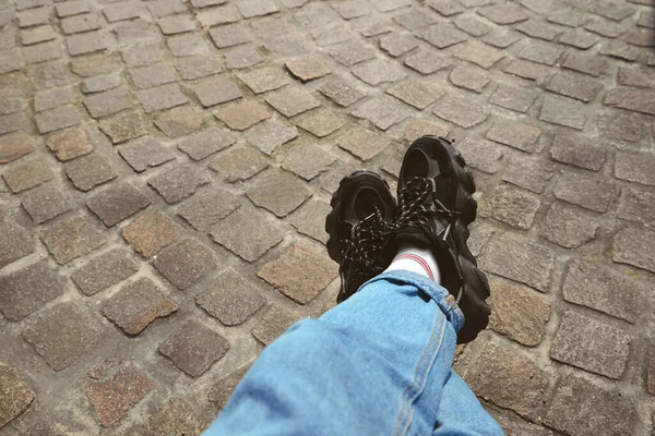 Woman Comfortable Shoes Jeans Outdoors Closeup — Stock Photo, Image