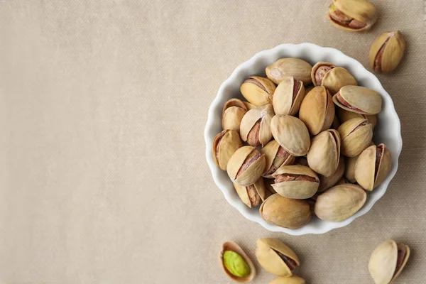 Bowl Pistachio Nuts Beige Tablecloth Flat Lay Space Text — ストック写真