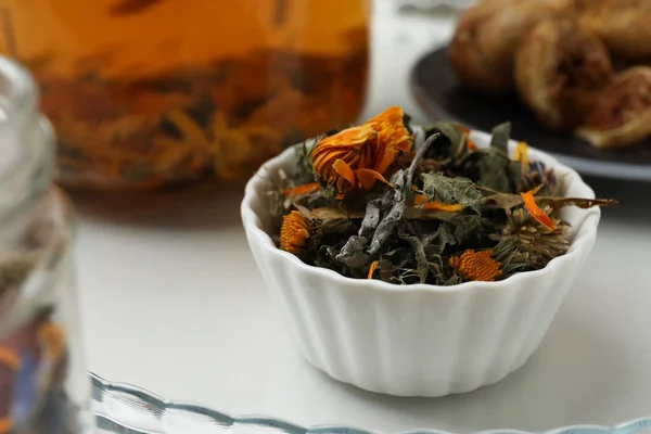 Dry Herbal Tea Bowl Tray Closeup — Stock Photo, Image