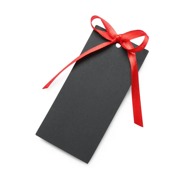 Schwarzer Geschenkanhänger Mit Rotem Satinband Auf Weißem Hintergrund Ansicht Von — Stockfoto