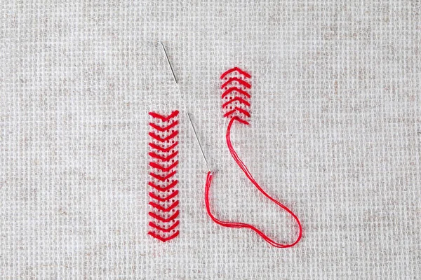 Canvas Red Embroidery Needle Top View — Stock Photo, Image