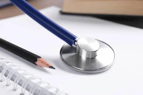 Student Textbook Blank Notebook Pencil Stethoscope Table Closeup Medical Education — Photo