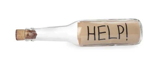 Message Help Corked Glass Bottle Isolated White — Stock Photo, Image