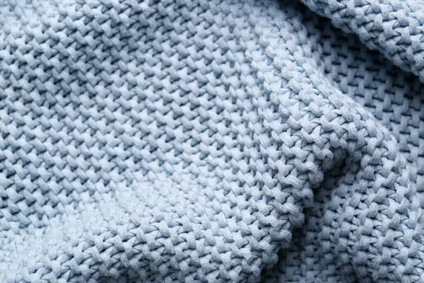 Krásná Světle Modrá Pletená Tkanina Jako Pozadí Detailní Záběr — Stock fotografie