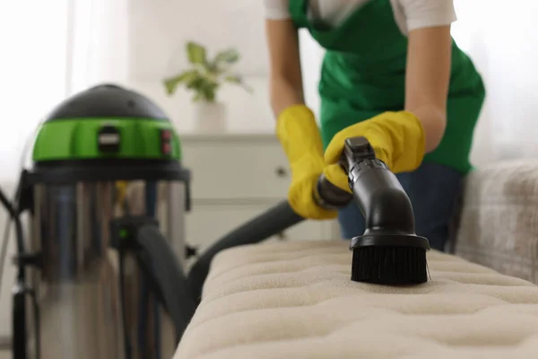 Professional Janitor Uniform Vacuuming Furniture Indoors Closeup — Stock Photo, Image