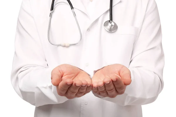 Doctor Stethoscope Holding Something White Background Closeup Cardiology Concept — Fotografia de Stock